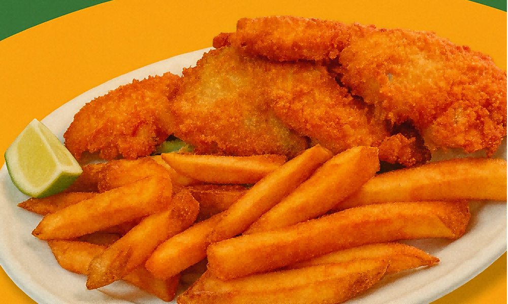 Crispy breaded fish served with golden fries and a lime wedge at Lanikai BBQ Tea House, a Asian Fusion Restaurant in San Francisco