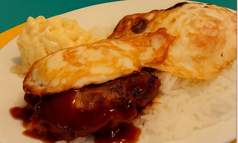 Hawaiian burger steak served with fried egg and savory gravy at Lanikai BBQ Tea House, a Asian Fusion Restaurant in San Francisco