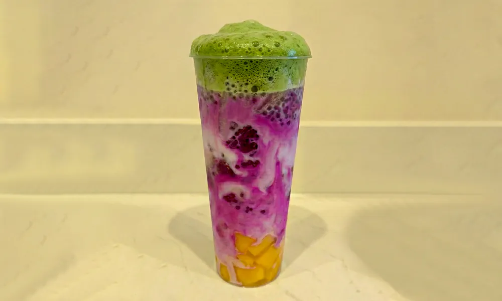 Layered smoothie with dragon fruit, avocado and kale at Lanikai BBQ Tea House, a Asian Fusion Restaurant in San Francisco
