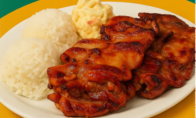 Grilled glazed chicken served with rice and macaroni salad at Lanikai BBQ Tea House, a Asian Fusion Restaurant in San Francisco