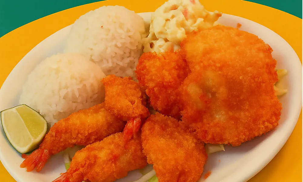 Crispy fried seafood, rice and macaroni salad with lime wedge at Lanikai BBQ Tea House, a Asian Fusion Restaurant in San Francisco