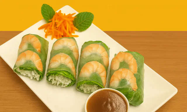 Fresh spring rolls with shrimp and rice, served with peanut dipping sauce at Lanikai BBQ Tea House, a Asian Fusion Restaurant in San Francisco