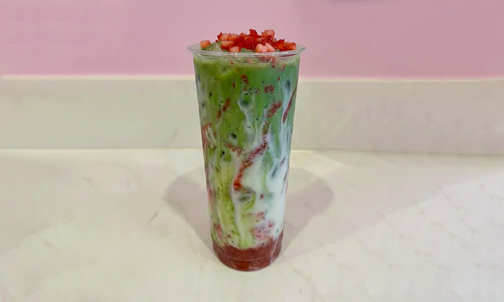 Swirled smoothie with matcha and strawberry at Lanikai BBQ Tea House, a Asian Fusion Restaurant in San Francisco